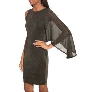 TED BAKER Dress 4~US10 “Monyca”Black&Gold-Metallic Sheer Draped-One-Shoulder-Slv